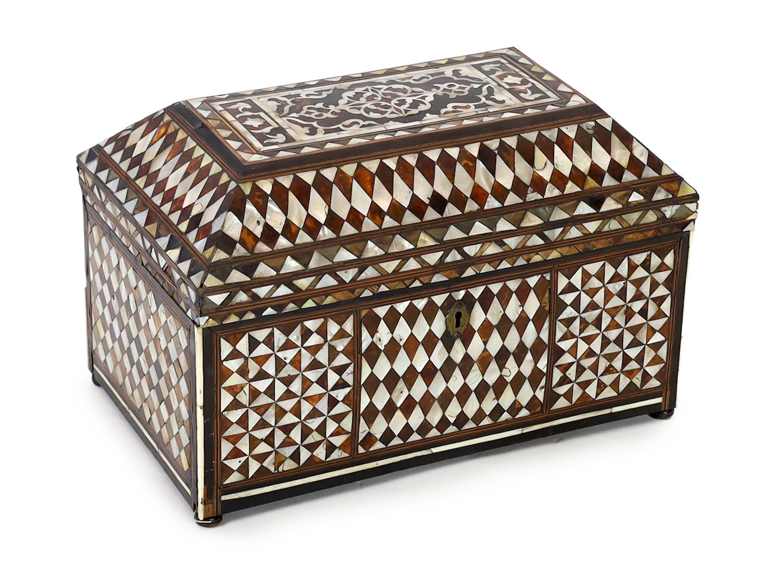 A late 18th/early 19th century Ottoman tortoiseshell and mother-of-pearl scribe’s casket, 49cm wide 30cm deep 31cm high